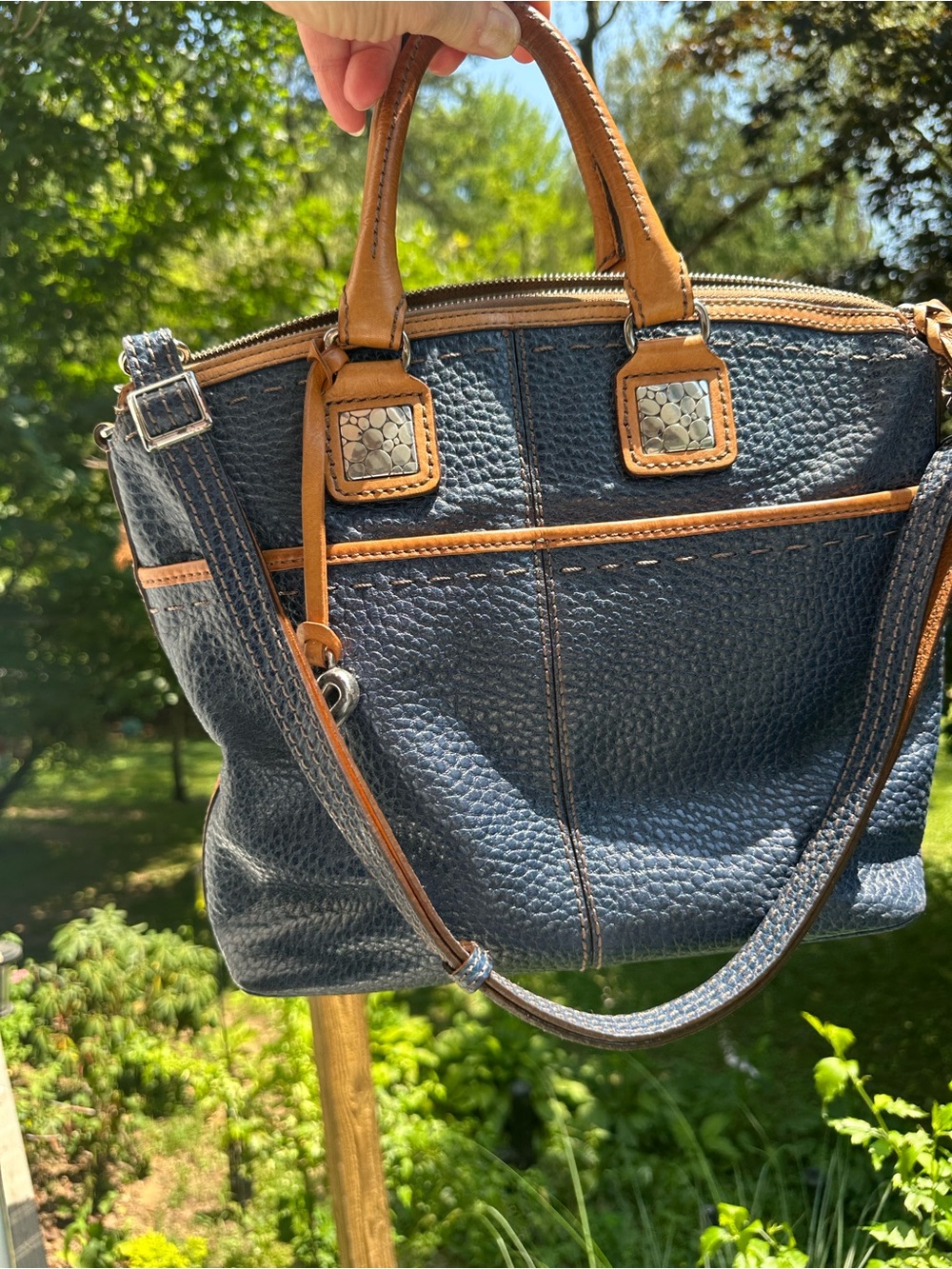 Brighton Navy Blue pebbled leather with Tan Leather Patch Tote - Picture 3 of 15
